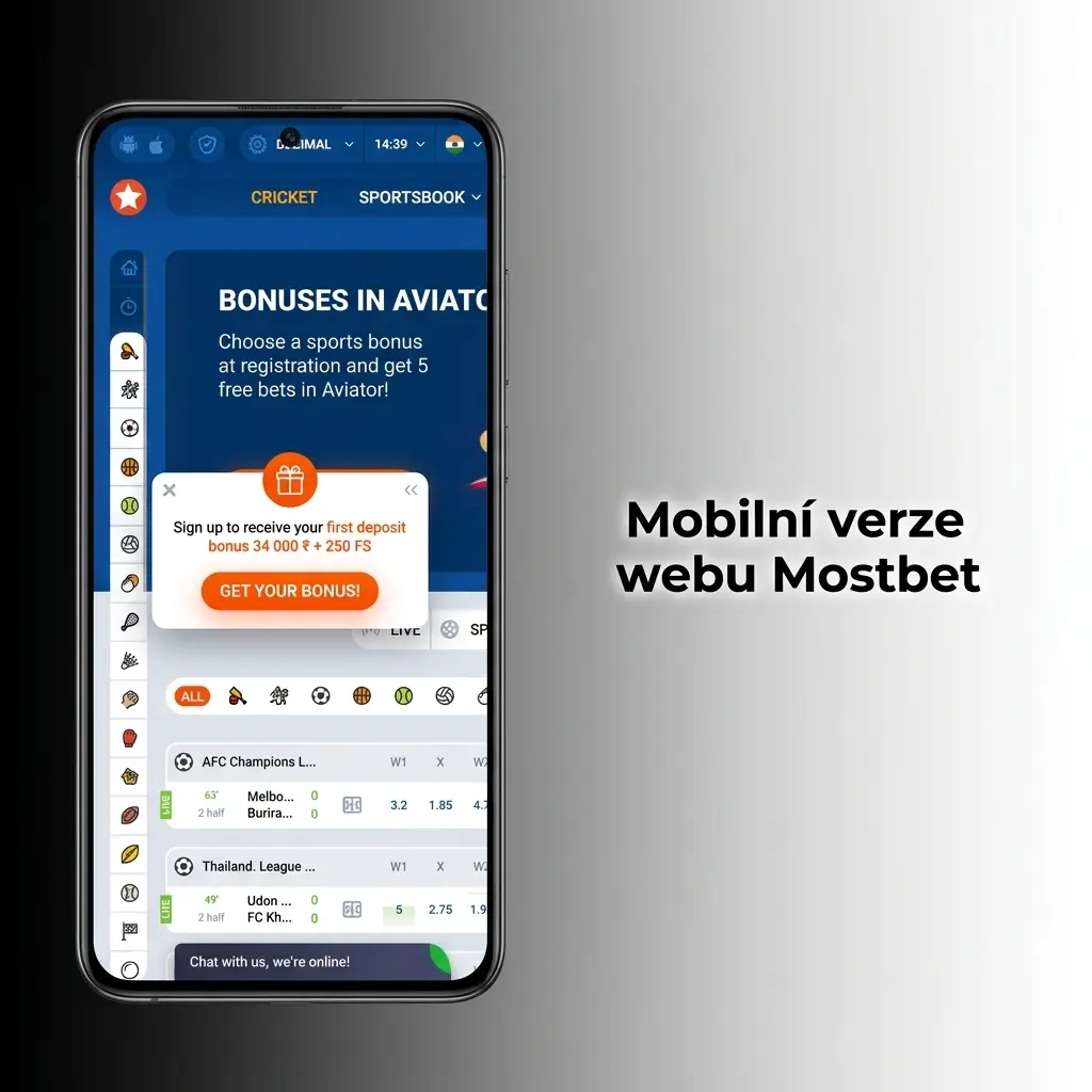 Mobilní verze webu Mostbet na chytrém telefonu